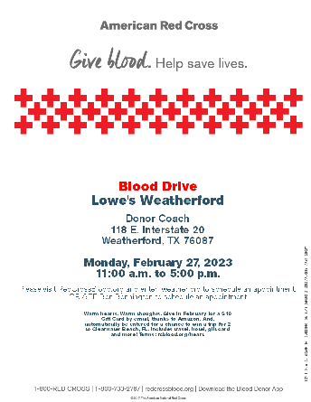 Blood Drive Lowe's Weatherford Donor Coach 118 E. Interstate